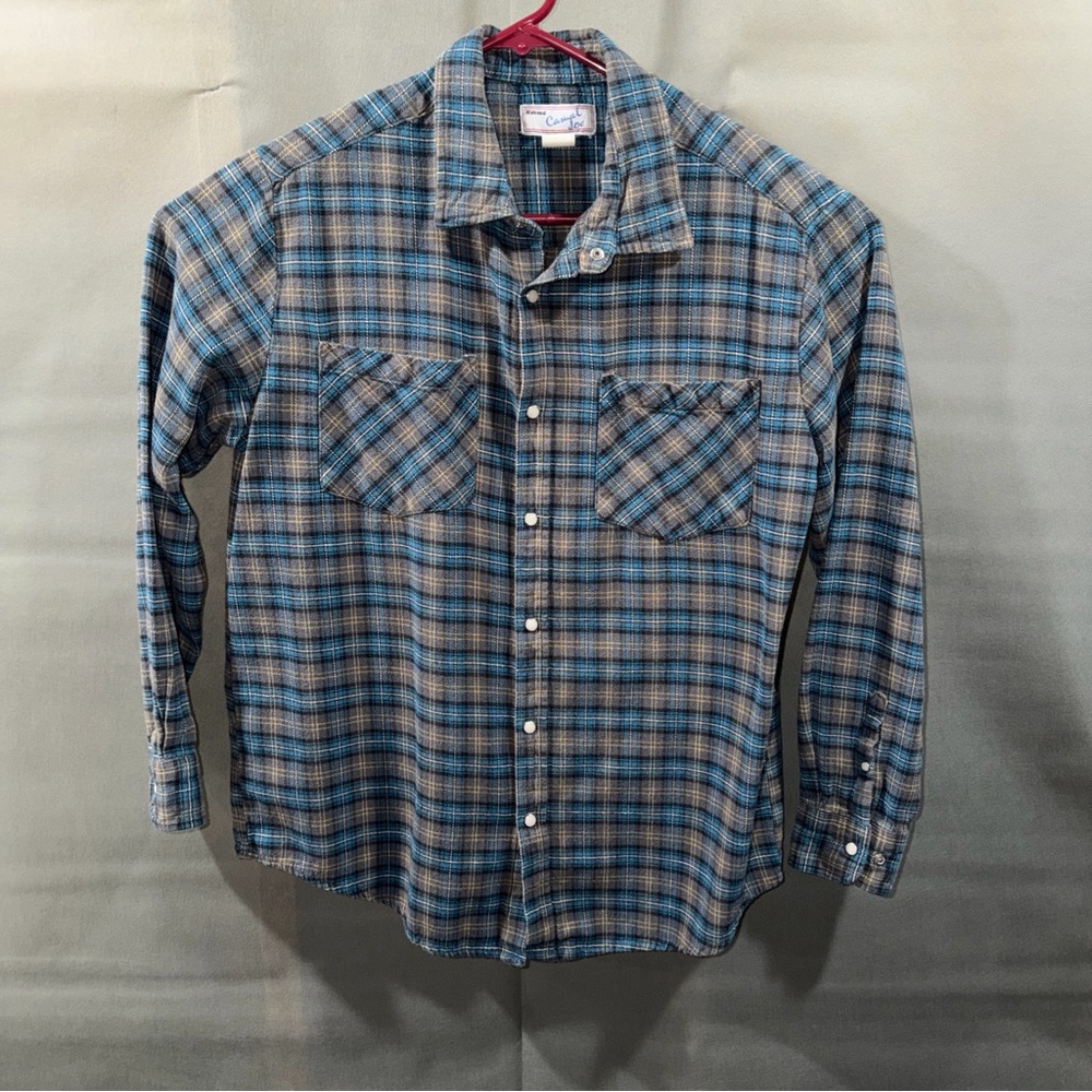 Haband Casual Joe Shirt Mens Medium Blue/Gray Flannel Plaid Pearl Snap